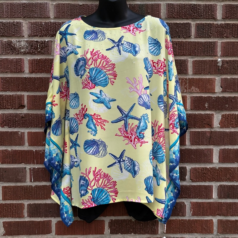 Quacker Factory Studded Oceanic Graphic Chiffon Oversized Blouse Top Tunic Sz S